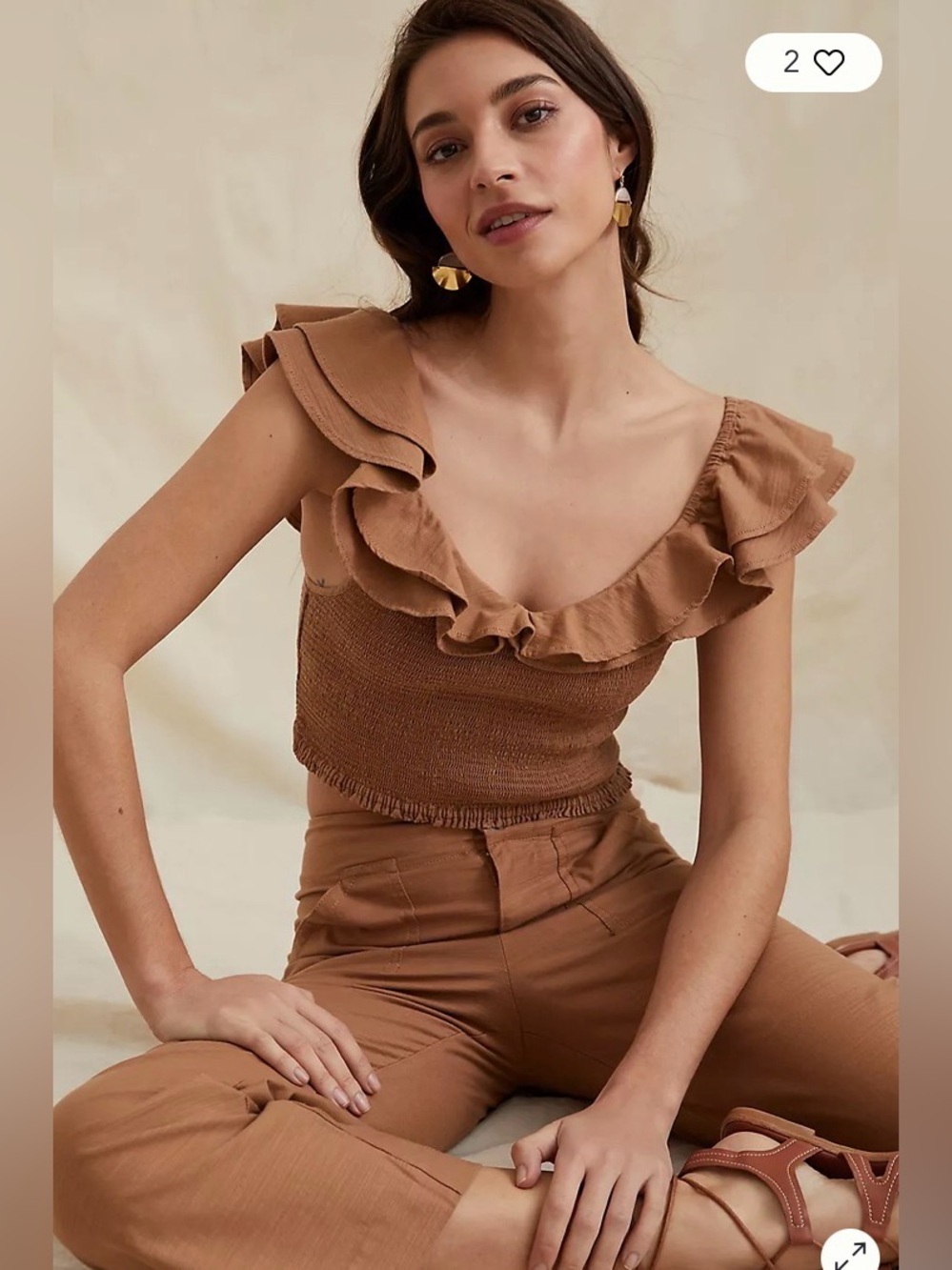 Anthropologie Brown Ruffled Crop Top